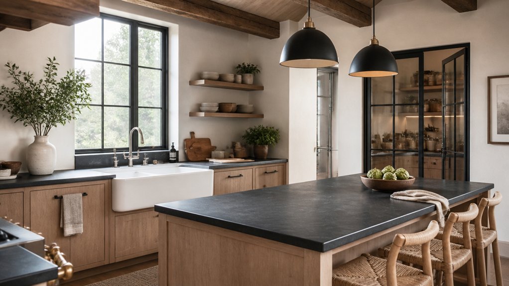 Modern rustic kitchen styling is warm textured elegance